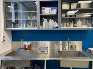 Double sink and storage shelves with necessary equipment for specimen preparation