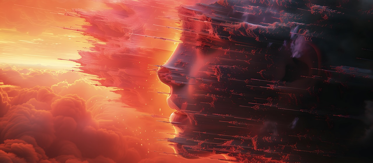 Red silhouette of face in clouds.