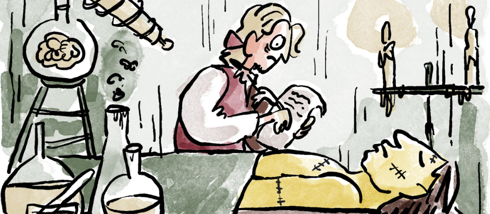 Cartoon image of Victor Frankenstein hovering over a monster.