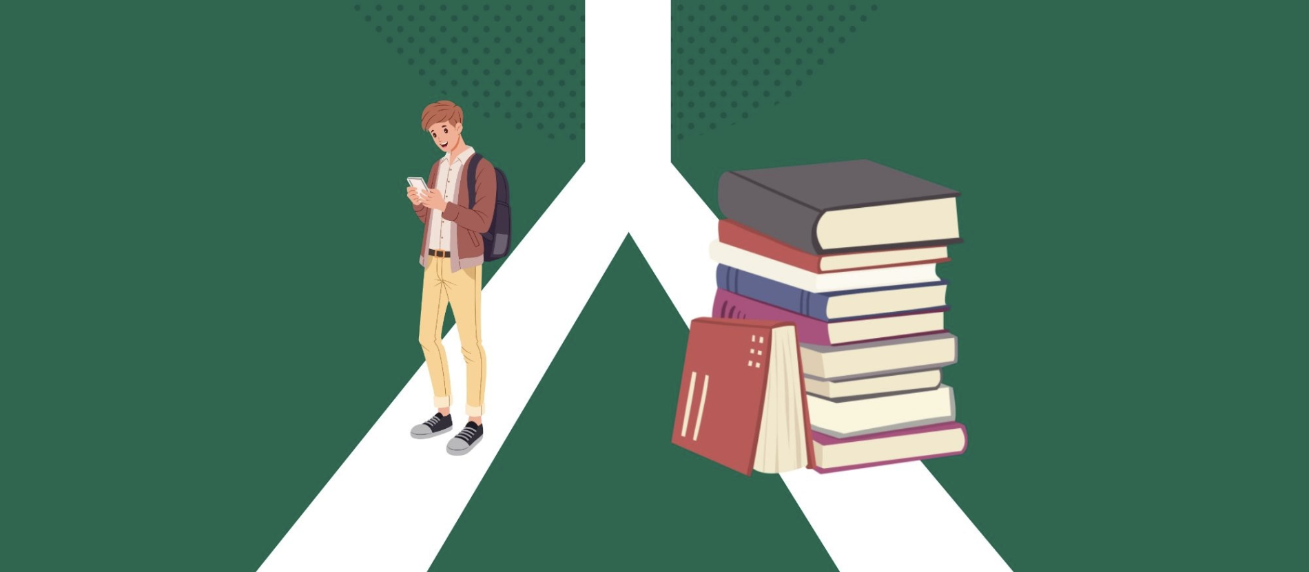 Cartoon student standing on a split path, looking at phone, with a stack of books ahead