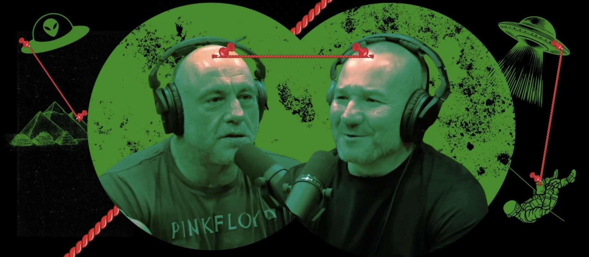 Joe Rogan and Shawn Ryan wearing headphones speak into microphones, with a green sci-fi themed background featuring UFOs and laser beams