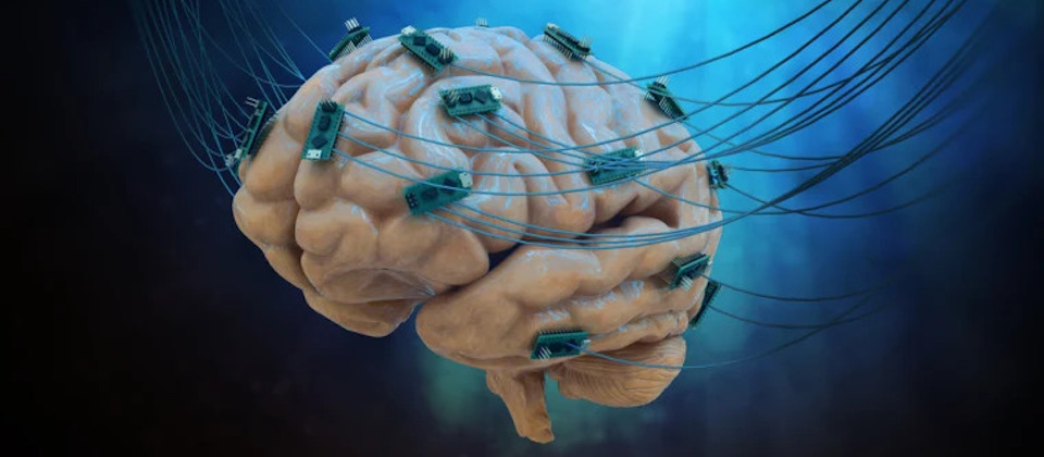 human brain connected to many electrodes with blue background