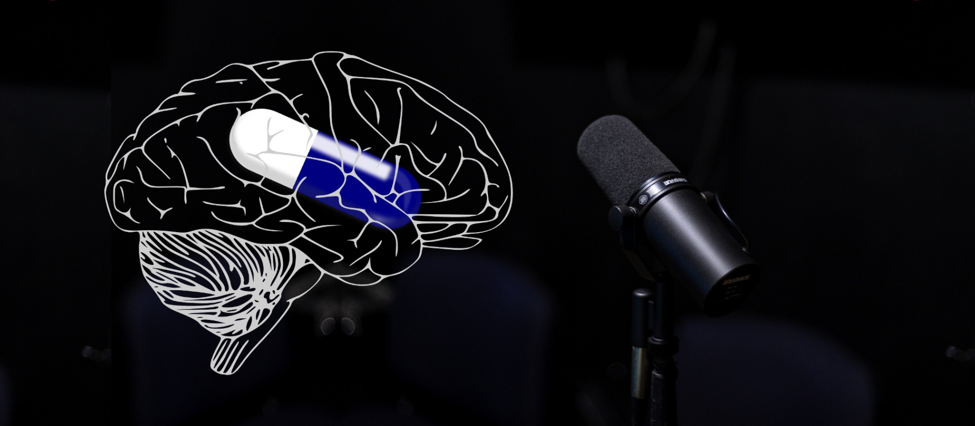 brain clipart and pill clipart next to podcast microphone