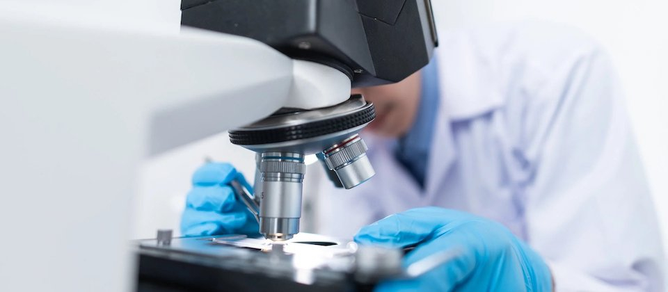 scientist analysing something under a microscope