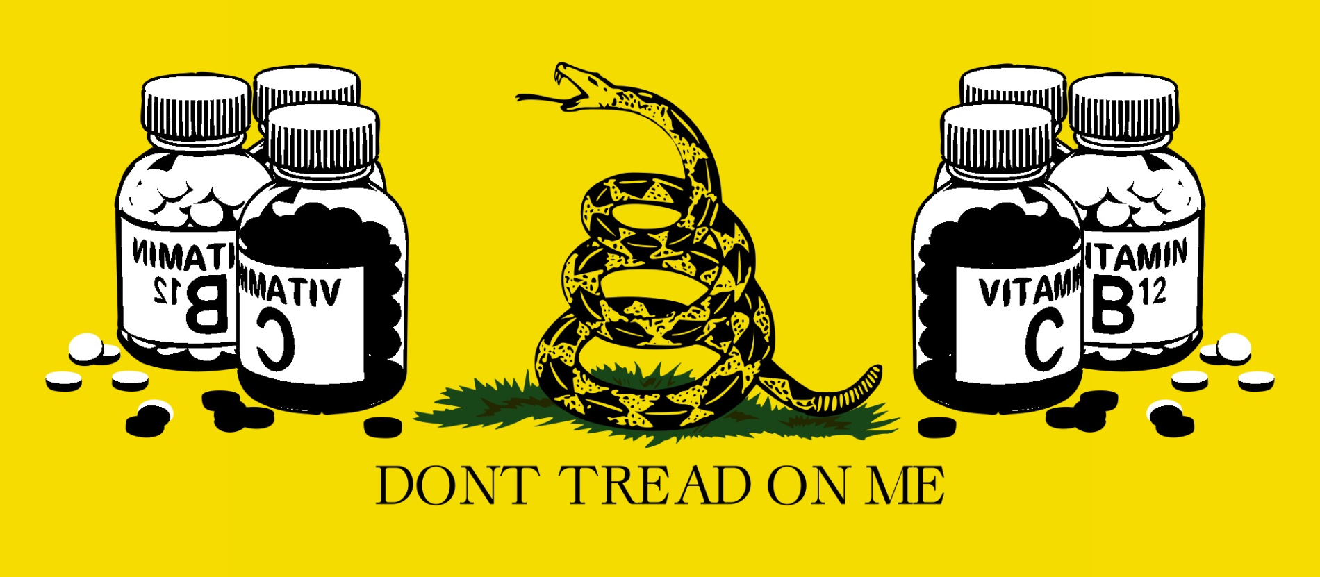 libertarian "don't tread on me" flag and bottles of vitamins