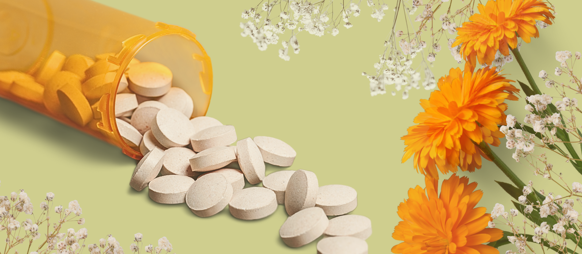 Orange pill bottle with white tablets spilling out, surrounded by orange and white flowers.
