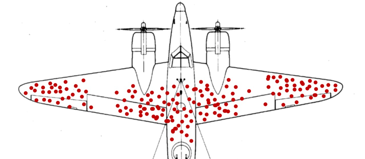 Graphic of a World War II bomber jet with damaged areas, demonstrating the survivor's bias principle.