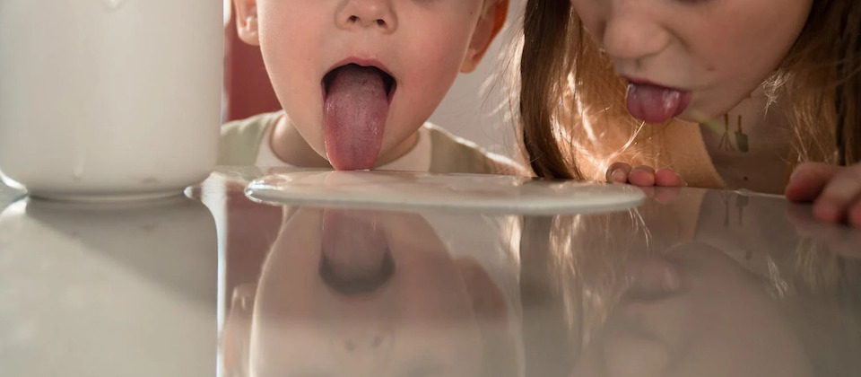 two kids licking the surface of a table