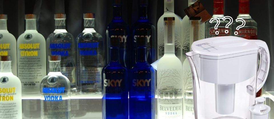various types of vodka on a shelf with a brita filter and question marks