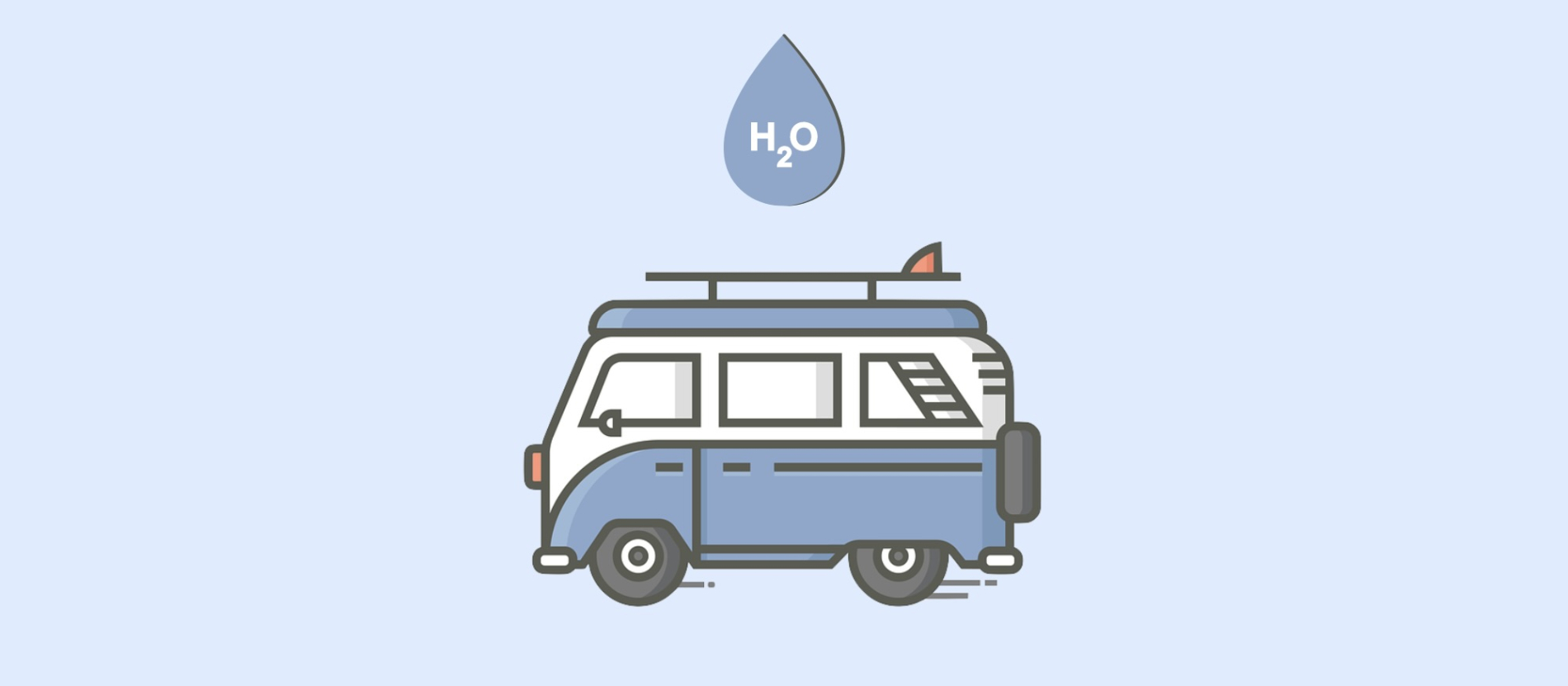 Cartoon droplet of water overtop of a blue van.