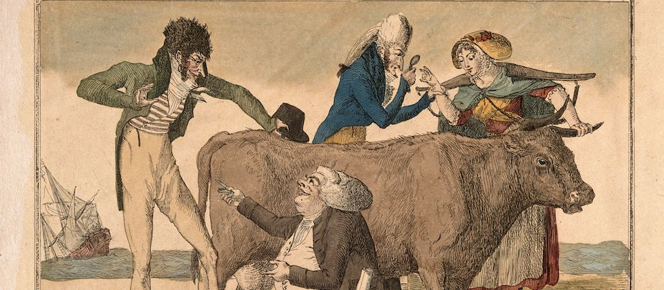 Drawing of four people surrounding a cow, from l'origine de la vaccine