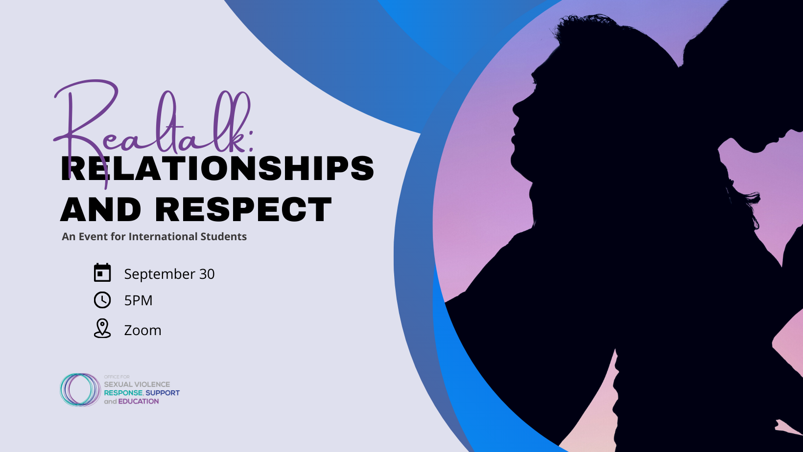 realtalk relationship and respect event banner with the date and time written on a purple background and a silhouette of two people leaning into each other and sunset in the background on the right