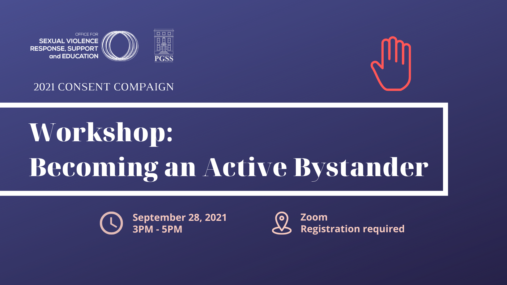 Becoming an active bystander banner on a dark blue background and a red stop sign hand at the top right corner