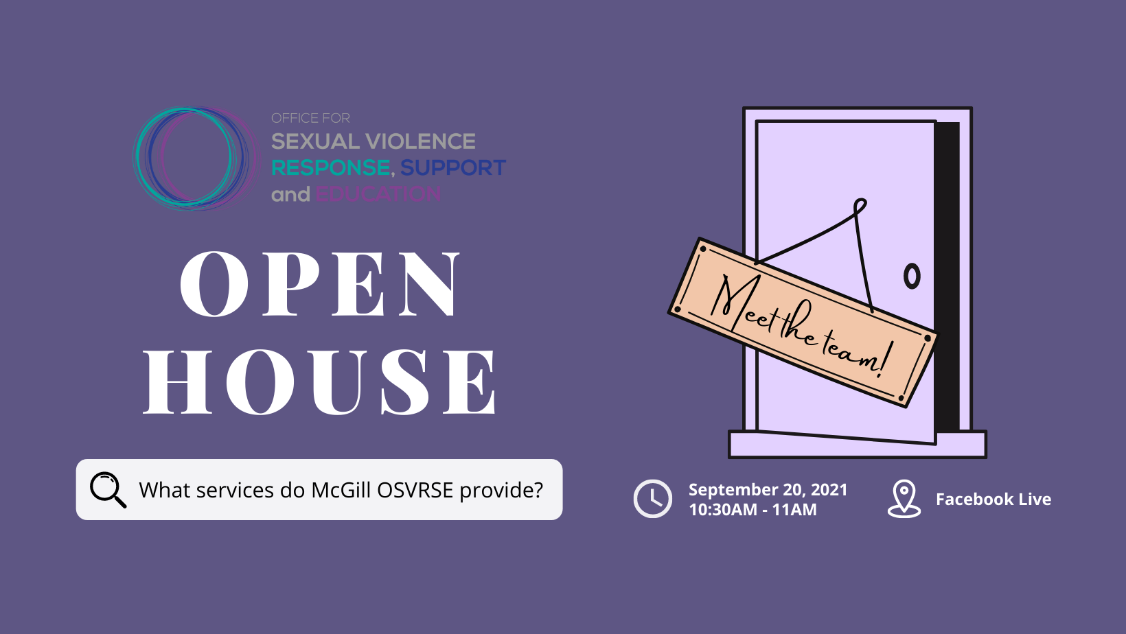 Purple banner background with the words OSVRSE Open House and a sign hanging on the door that says Meet the Team