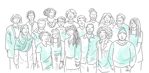 A decorative illustration of a group of different folks from different backgrounds standing together.