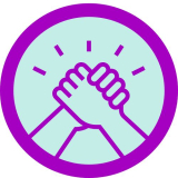 ITAOU badge, two hands clasped together in success, purple outline, teal background