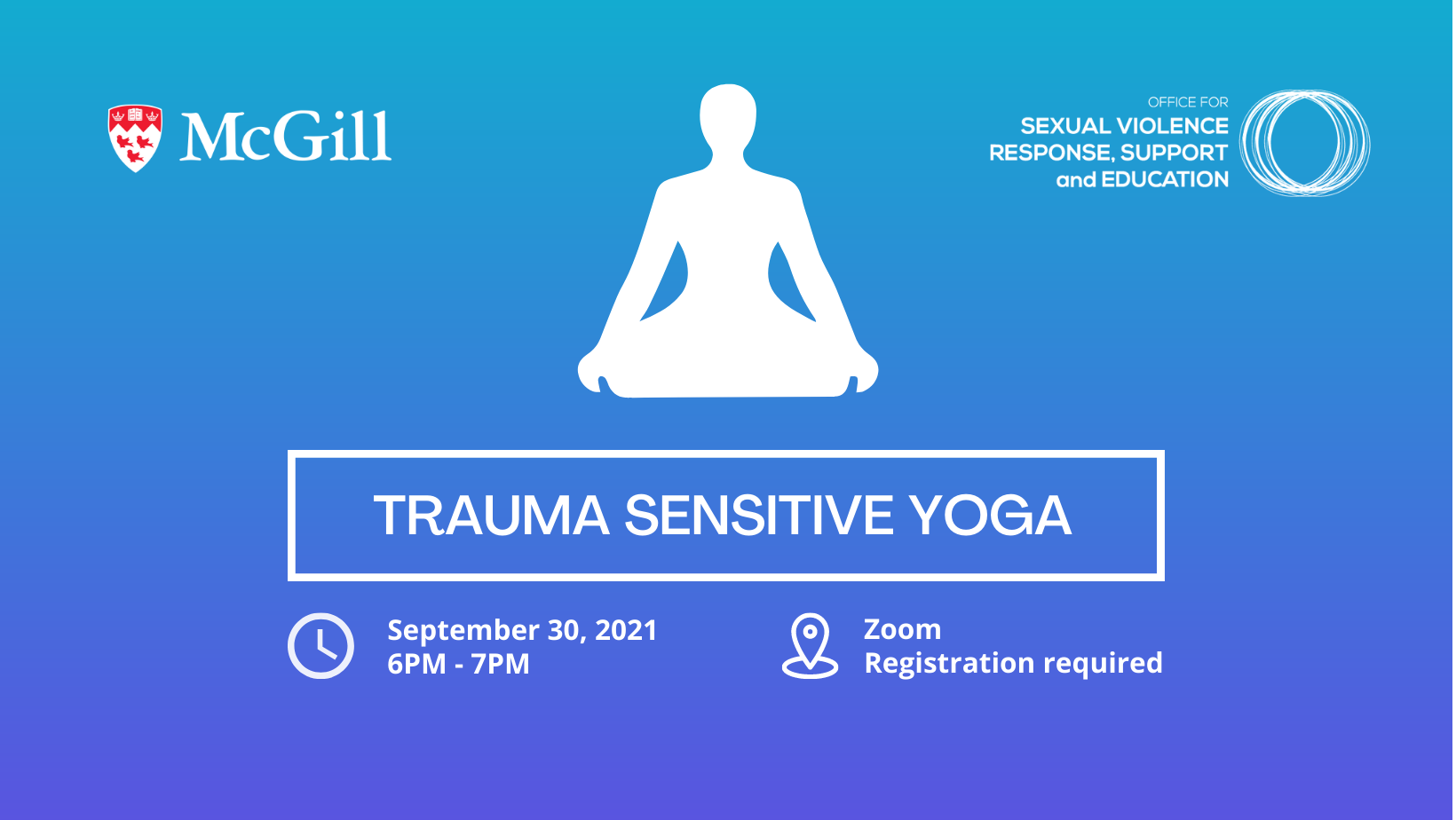 Trauma sensitive yoga in white text on a light blue background, above the text is a silhouette of a person sitting cross legged