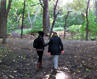 impressionist picture of two women walking in the woods