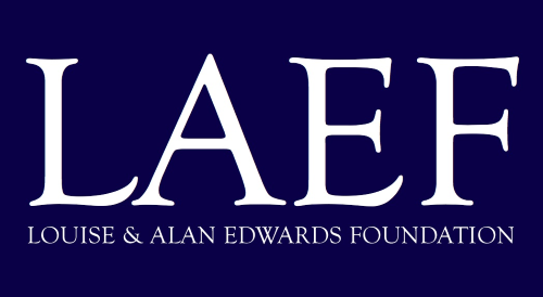 The letters LAEF in white with blue backdrop that stand for the Louise and Alan Edwards Foundation