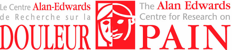 Logo for the Alan Edwards Centre for research on pain written in Red in english and french, showing a half face with a tear 