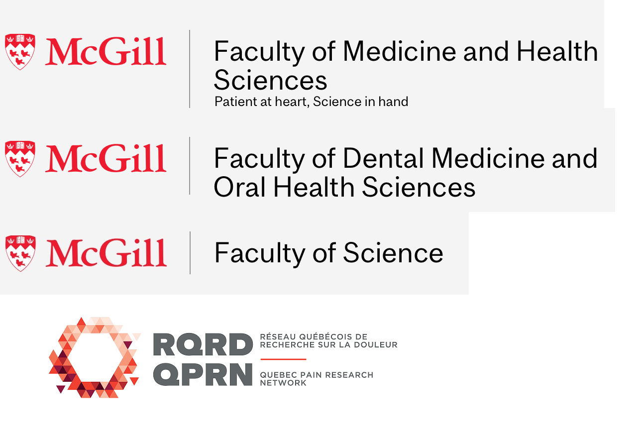 McGill University in red letters to the left and  faculty of Medicine and health sciences written to the right,Faculty of Dentistry, Science and the QPRN logo