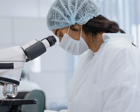 Researcher uses a microscope in a lab