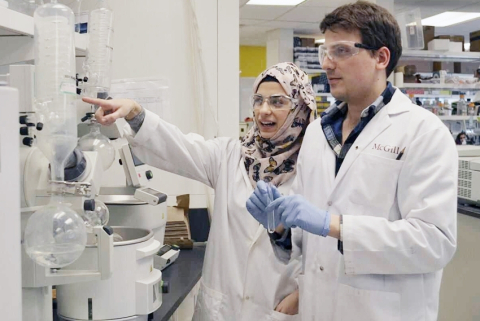 Female and male grad students work in a laboratory