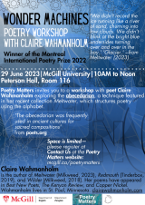 Poster with gear and alphabet motives, advertising a poetry workshop on the abecedarian from 10am to noon, Jun 29, 2023 at Peterson Hall, Room 116, McGill University 