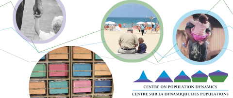 A collage: an elderly man holding the hand of a toddler, an older adult and child sitting on the beach, a woman carrying a girl, a shelf of file-folders.