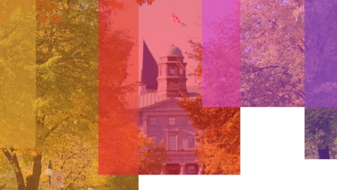 Le Pavillon des arts du campus du centre-ville de l’Université McGill, décoré des couleurs de l’arc-en-ciel en l’honneur de la diversité