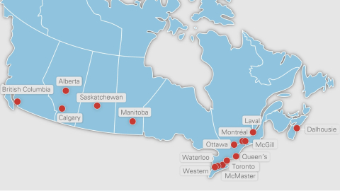 Carte du Canada affichant l’emplacement des universités canadiennes membres du Regroupement des universités de recherche du Canada U15