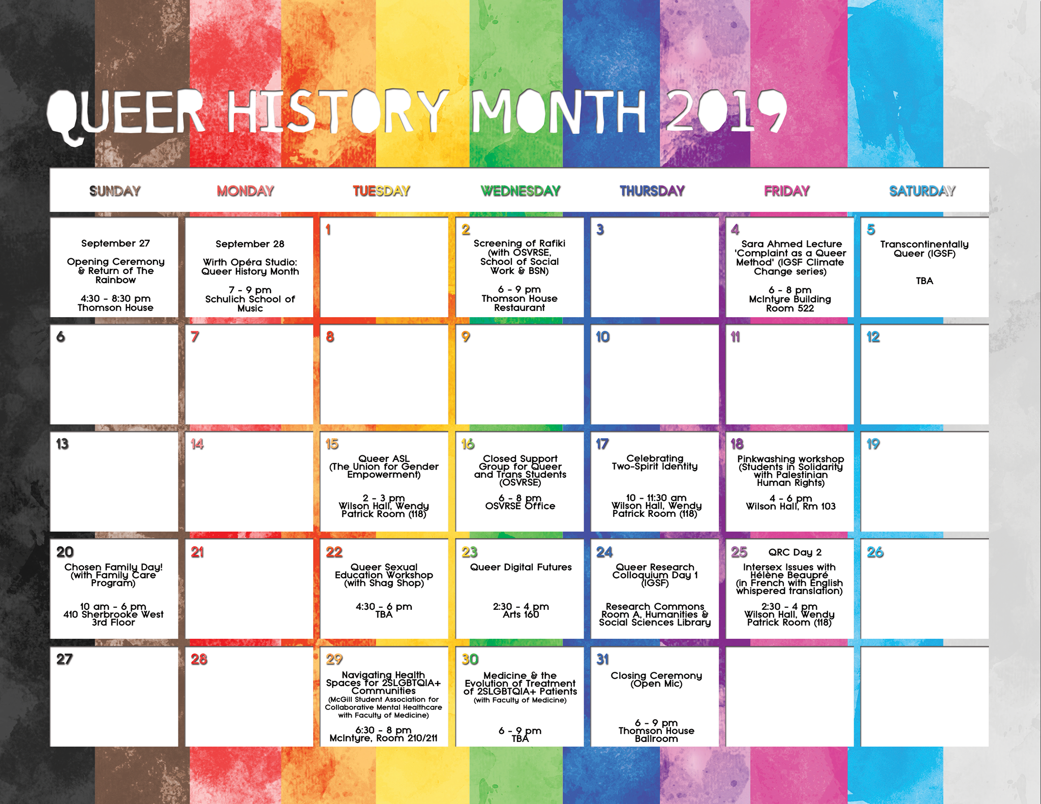 Calendar of events for Queer History Month 2019 on Queer