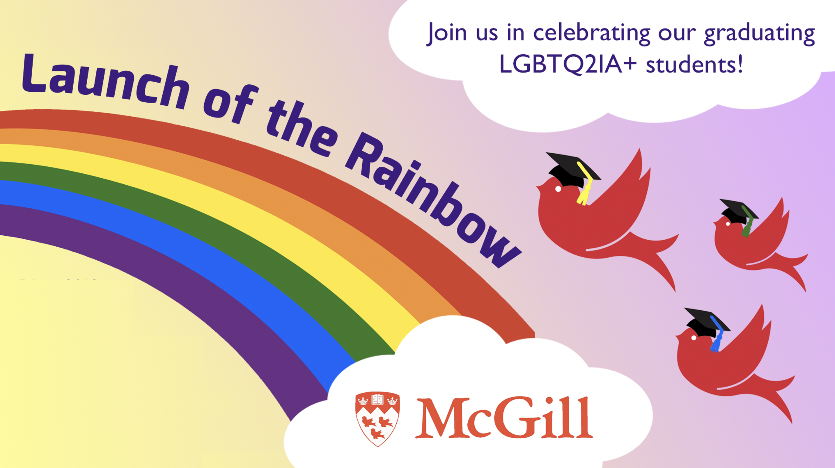 Martlet birds flying over a rainbow with the McGill logo