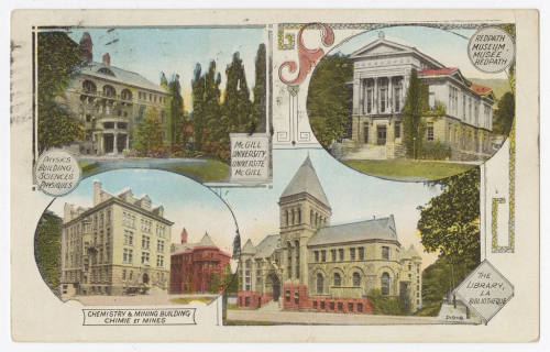 Postcard featuring the McGill downtown campus circa 1922-1931.