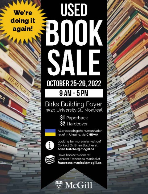 Used book sale at Birks Building October 25 and 26 2022 from 9 AM