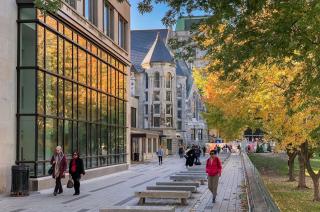 glass windows reflecting the trees in the fall season