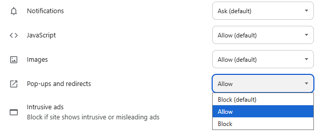 Chrome site settings with Pop-ups and redirects set to Allow