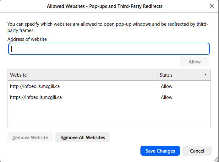 Firefox Allowed Websites dialog with infoed.is.mcgill.ca set to Allow