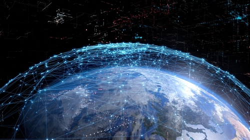 interconnected geometric grid covering earth.