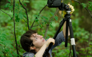 Woman adjusting camera settings in wooded area. 