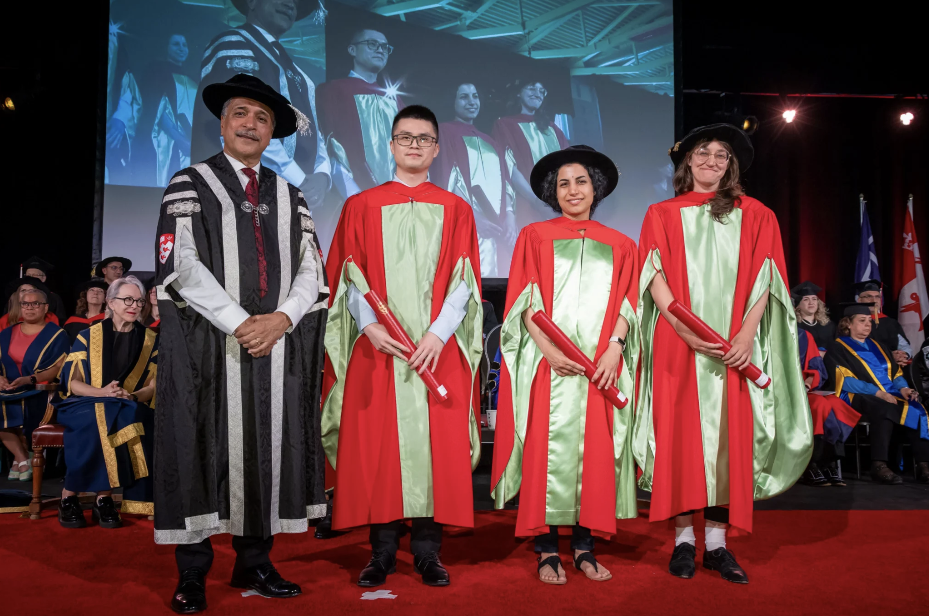 On May 27, Deep Saini, President and Vice-Chancellor of McGill, presented the 2025 President’s Prize for Outstanding Emerging Researchers to (r to l) Guojun Chen, Mahsa Dadar and Phoebe Friesen