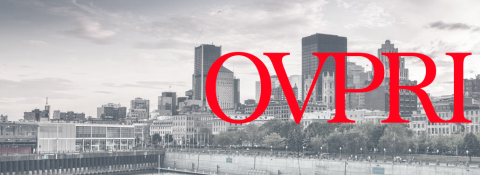 downtown Montreal city scape (black and white) with "OVPRI" in red