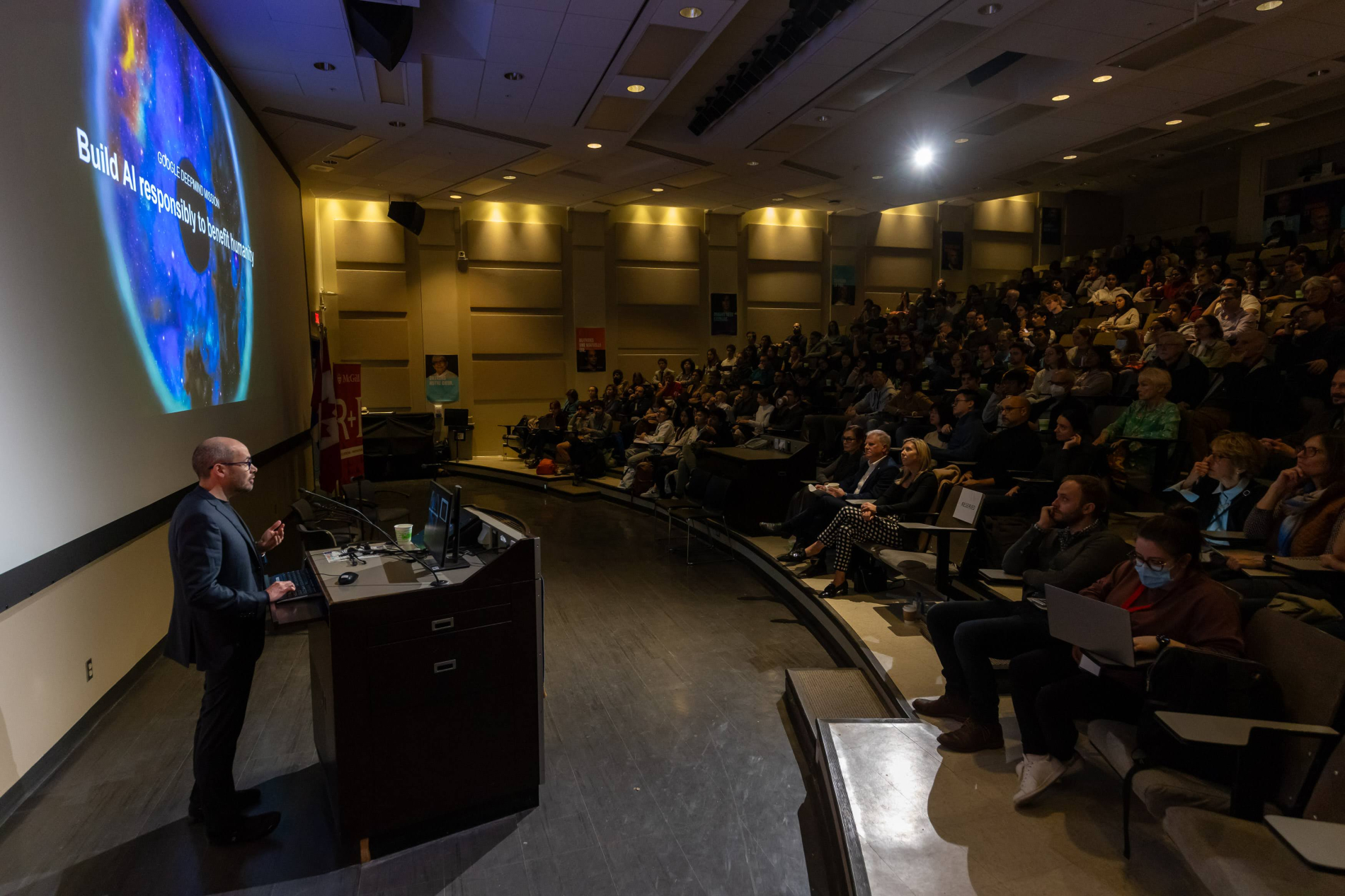 Demis Hassabis addresses the crowd at the 2023 Gairdner Lecture