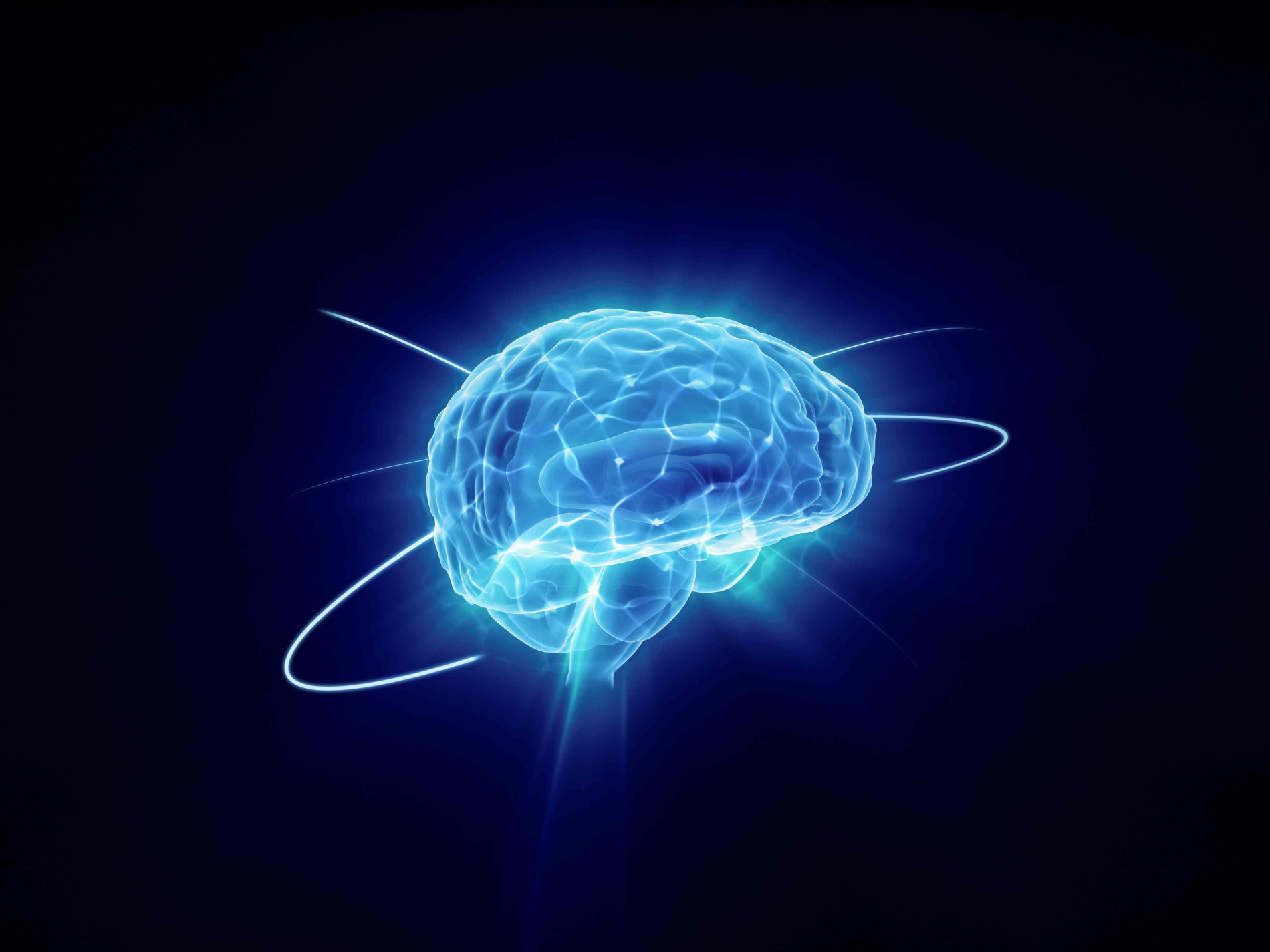 an artist's rendition of a brain. The brain is bright blue, radiating light, on a black background. Rings of bright blue encircle it. 