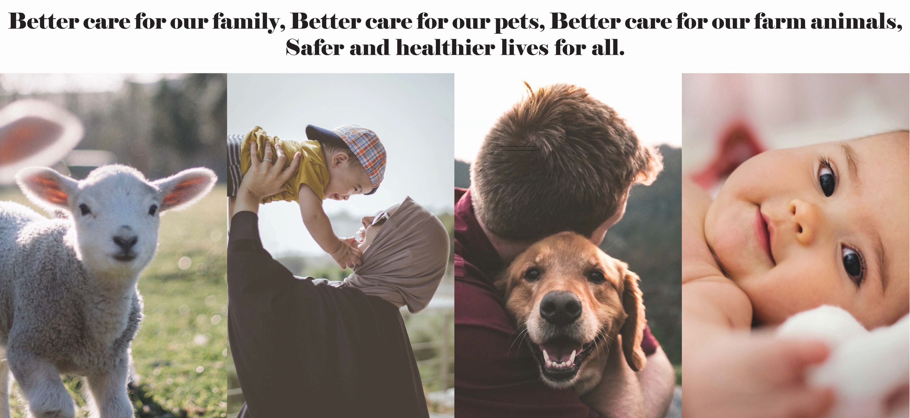 Photos of animals and humans. Graphic reads: Better care for our family, Better care for our pets, Better care for our farm animals, Safer and healthier lives for all.