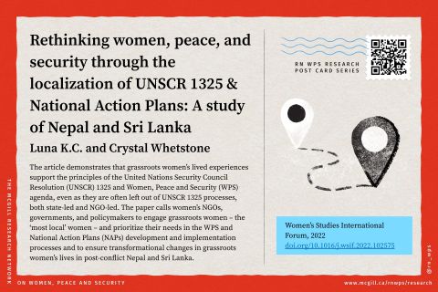 The article demonstrates that grassroots women’s lived experiences support the principles of the United Nations Security Council Resolution (UNSCR) 1325 and Women, Peace and Security (WPS) agenda, even as they are often left out of UNSCR 1325 processes, both state-led and NGO-led. The paper calls women’s NGOs, governments, and policymakers to engage grassroots women – the ‘most local’ women – and prioritize their needs in the WPS and National Action Plans (NAPs) development and implementation processes and
