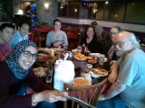 Lab outing at restaurant with former lab members