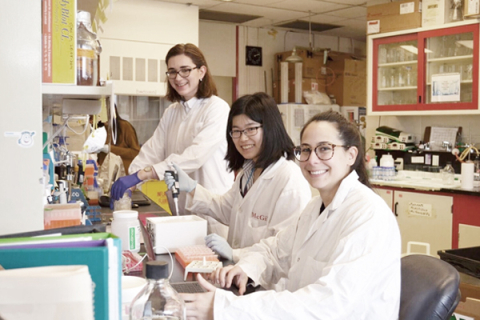 Three graduate students in the lab