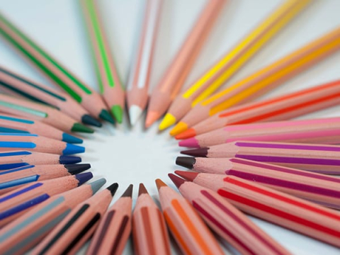 An assortment of coloured pencils arranged in a circle