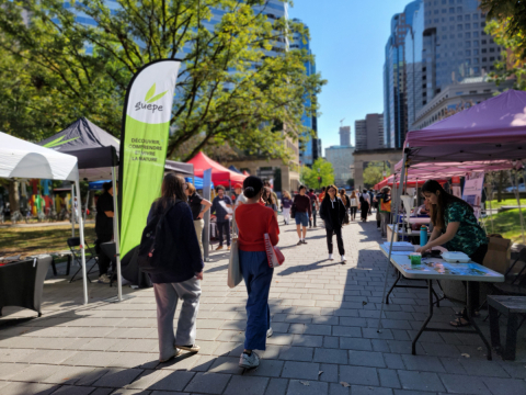 People walking between colourful kiosks for the Biodiversity Festival.
